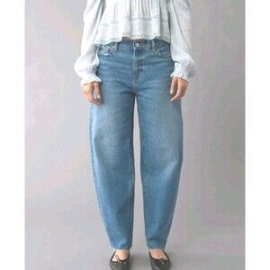 American Eagle Size 6 L Barrel Jeans Stretch Distressed Med Wash Raw Hem Casual